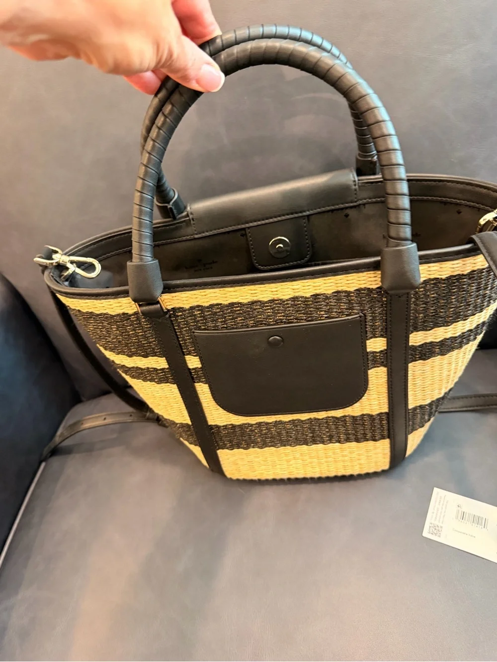 Like New kate spade Straw Tote in Black and Natural Stripe